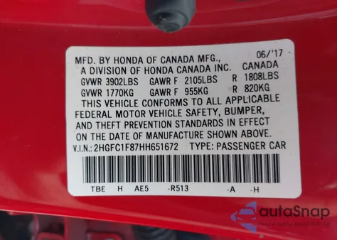 2017 Honda Civic Ex-L из США, поврежденный, VIN 2HGFC1F87HH651672